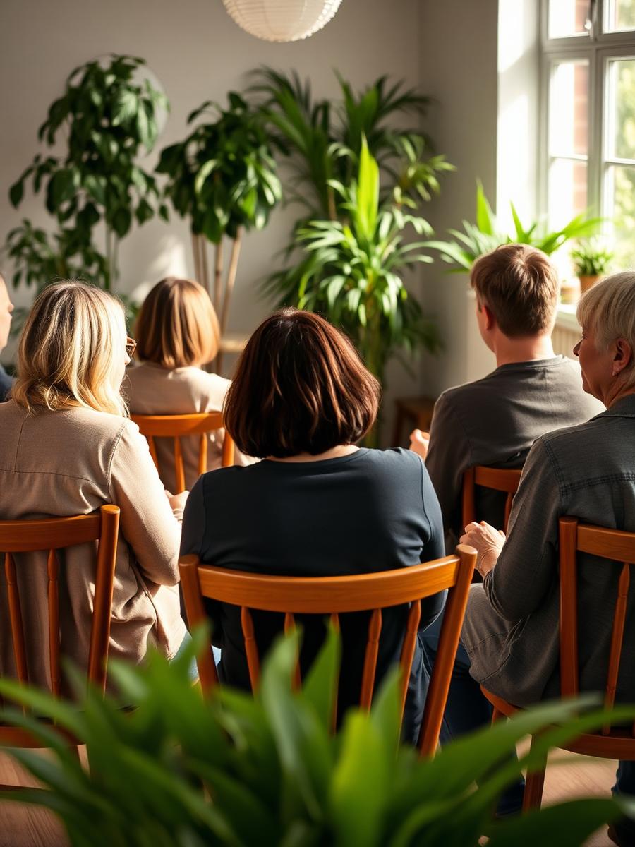 Grupo terapêutico reunido em círculo em sala com plantas